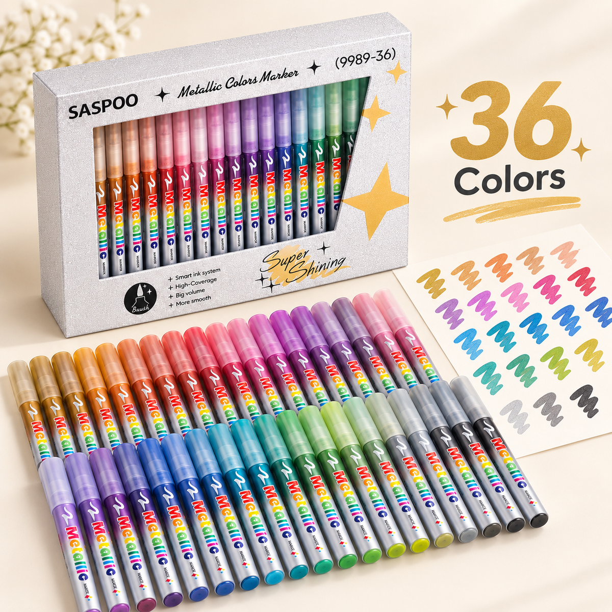SASPOO Metallic Colors Marker Set – Brush Tip, 12/36/60 Colors