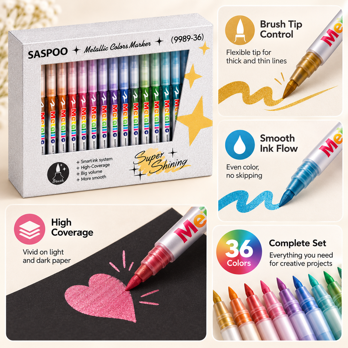 SASPOO Metallic Colors Marker Set – Brush Tip, 12/36/60 Colors