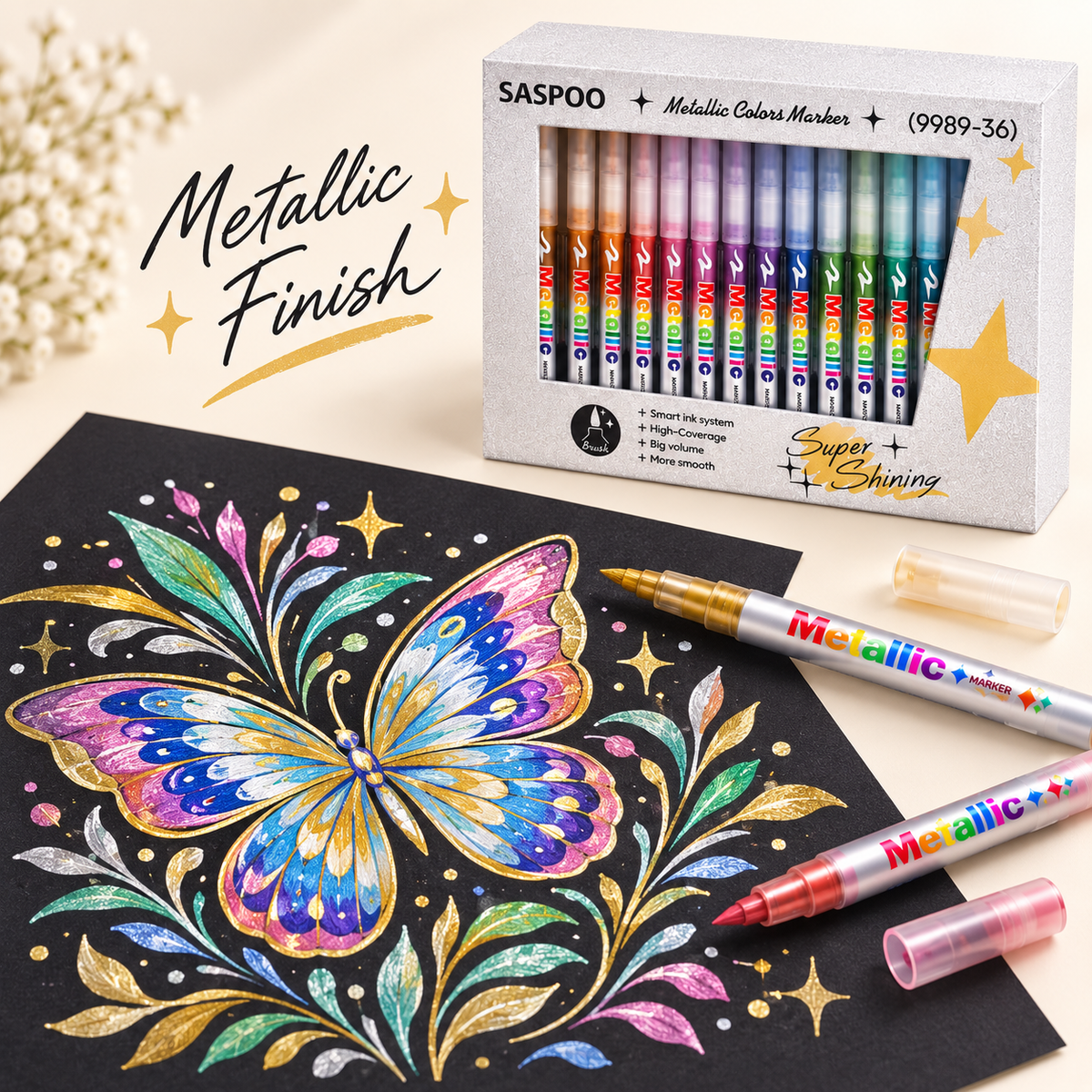 SASPOO Metallic Colors Marker Set – Brush Tip, 12/36/60 Colors