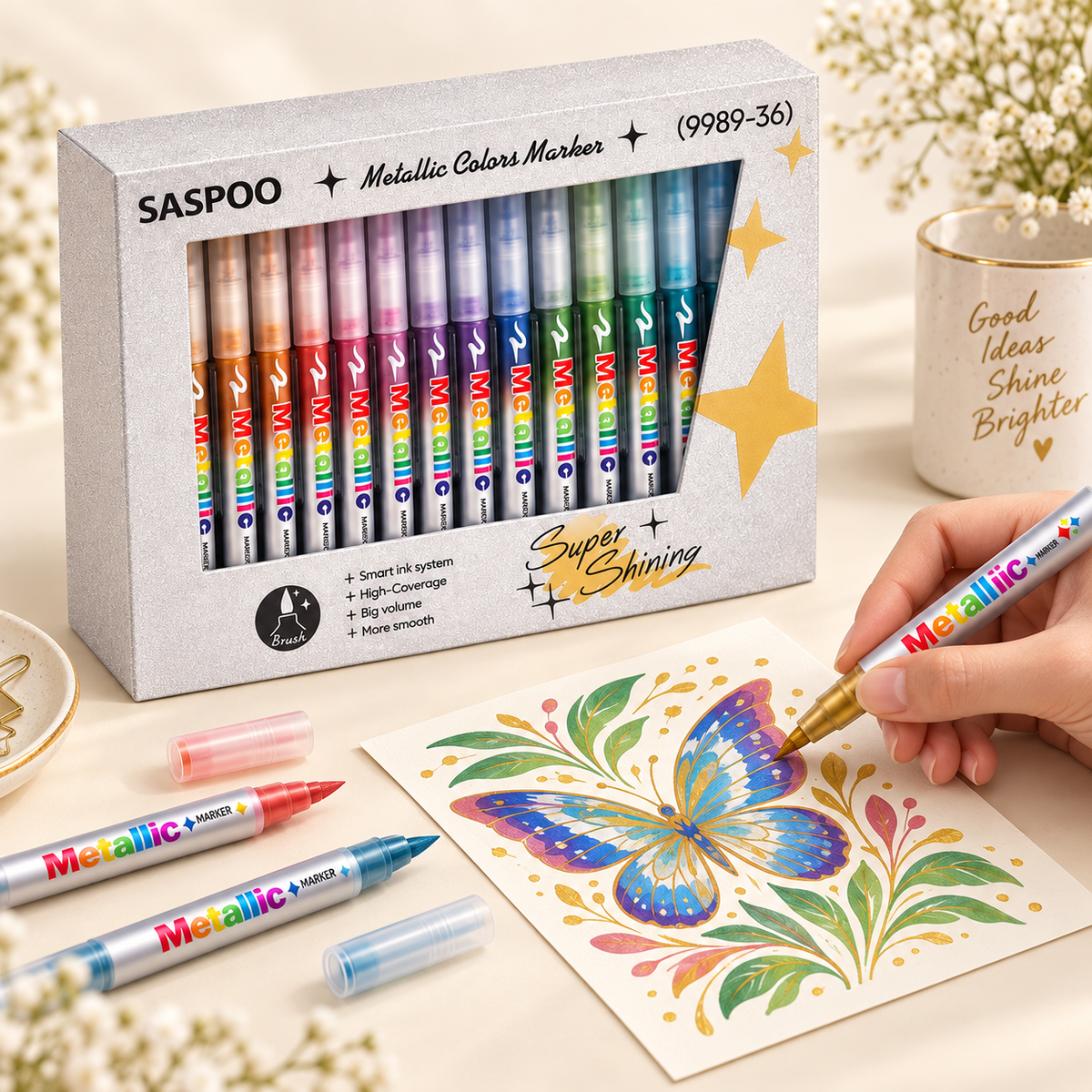SASPOO Metallic Colors Marker Set – Brush Tip, 12/36/60 Colors